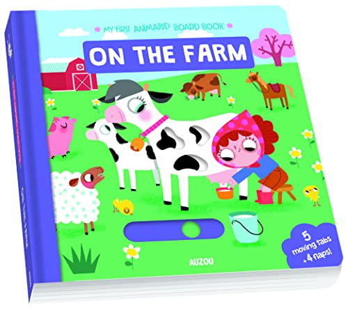 Board book cover, "On the Farm," with cow, child, and barnyard animals.