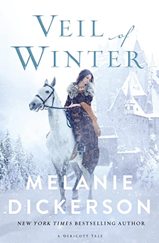 Woman on a white horse before a snowy castle landscape.
