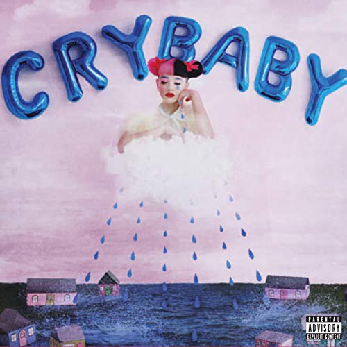 Melanie Martinez album cover: woman with blue balloon letters and rain.