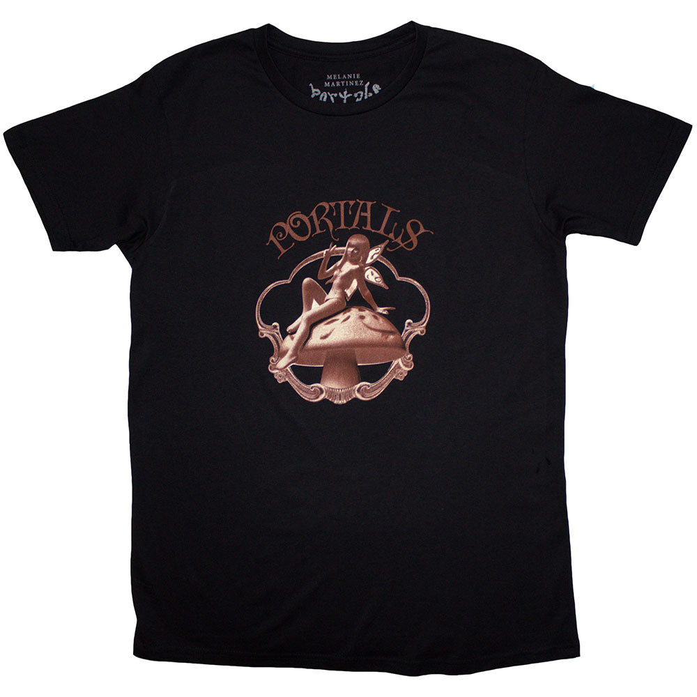 Black t-shirt with a pastel illustration of Melanie Martinez as a sitting fairy.