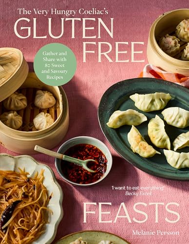 Cookbook cover featuring dumplings, noodles, and chili sauce, titled “Gluten-Free Feasts”.