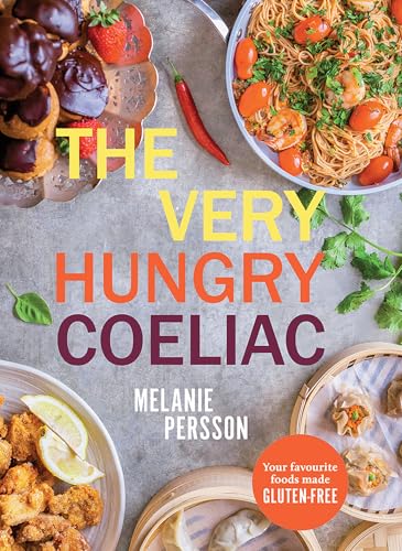 Book cover featuring chocolate pastries, shrimp pasta, dumplings, and the title The Very Hungry Coeliac.