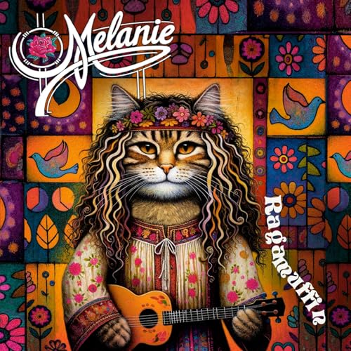 CD cover: cat with flowers playing guitar, colorful patchwork background.