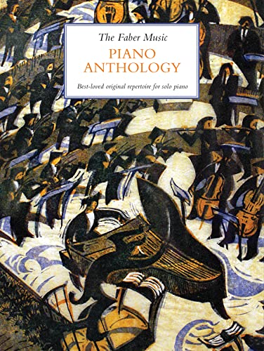Hardcover piano anthology book with abstract art of musicians and a piano.