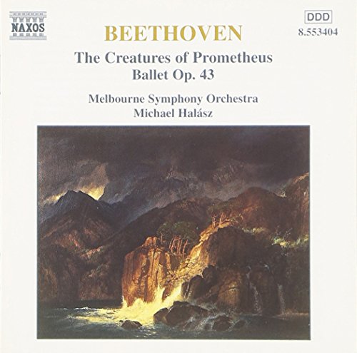 "CD cover with Beethoven's 'The Creatures of Prometheus' and a rocky landscape painting."