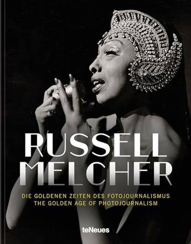 Black and white portrait of singer Russell Melcher with a microphone and elaborate headpiece.