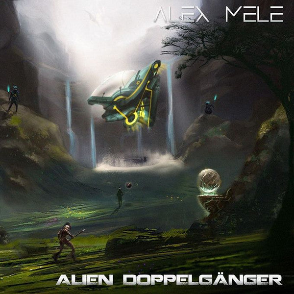 Sci-fi album cover depicting a landscape with aliens and a hovering spacecraft.