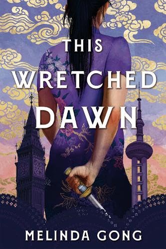 Book cover: woman with sword, ornate towers, floral patterns, purple hues.