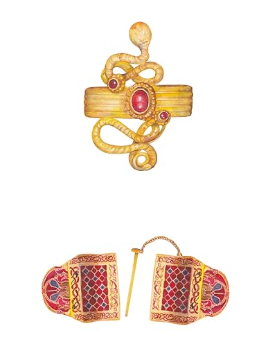Watercolor illustration of antique gold jewelry with red gemstones.