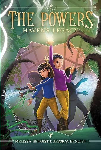 Book cover: two young women with glowing hands inside a geometric forest.