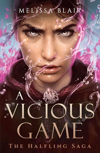 Book cover: woman’s face with glowing pink and purple magical effects.