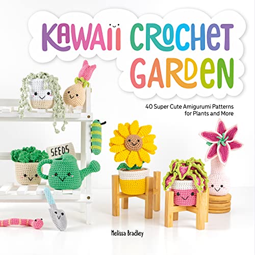 Book cover featuring colorful crocheted amigurumi plants and garden tools with cute faces.