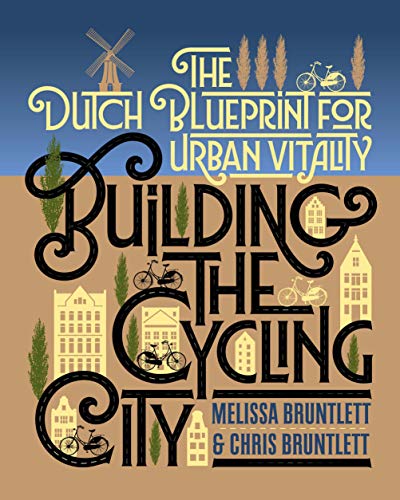 Book cover with illustrated buildings, bicycles, and a windmill.