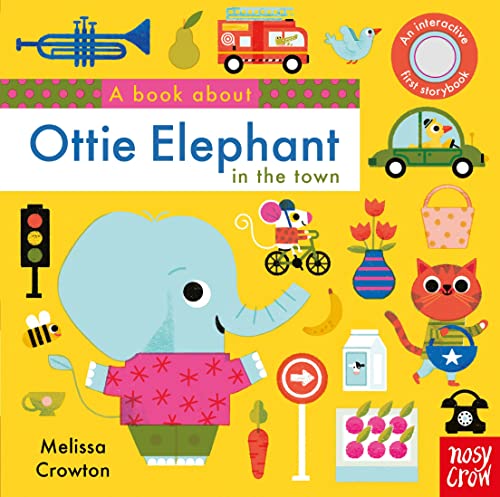 Colorful children’s book cover featuring Ottie Elephant and town scenes.