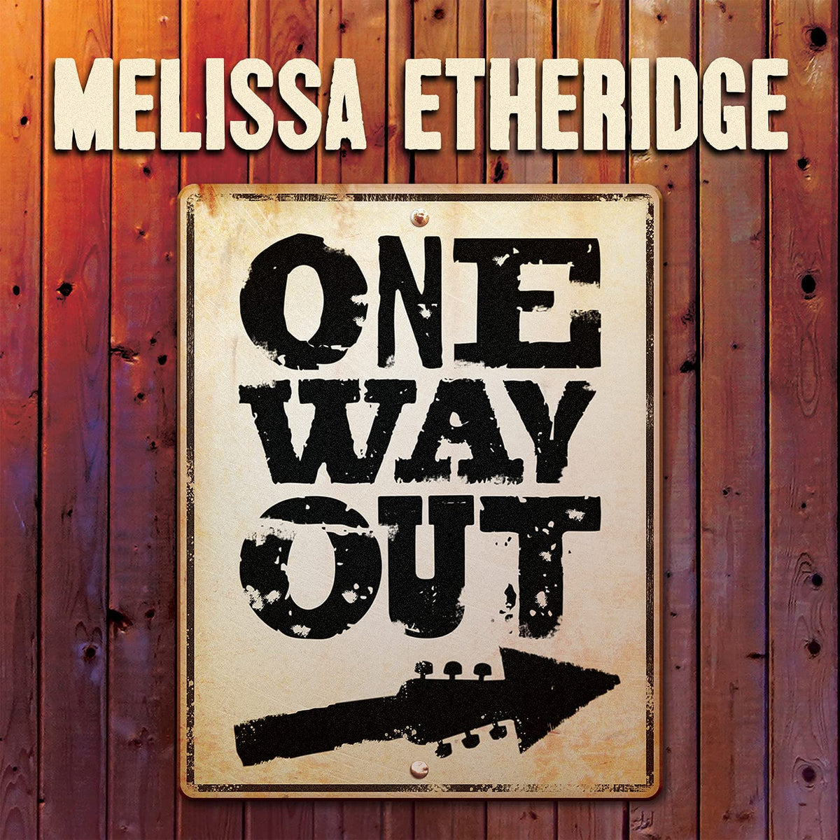 "Album cover with 'One Way Out' sign and guitar on wooden background."