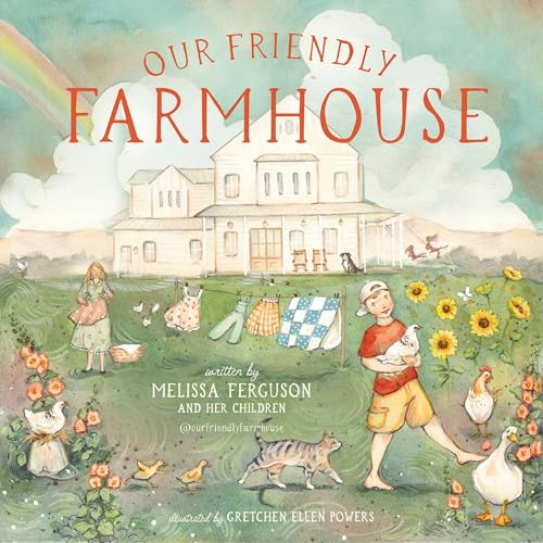 Children’s book cover depicting a white farmhouse, garden, and people with animals.