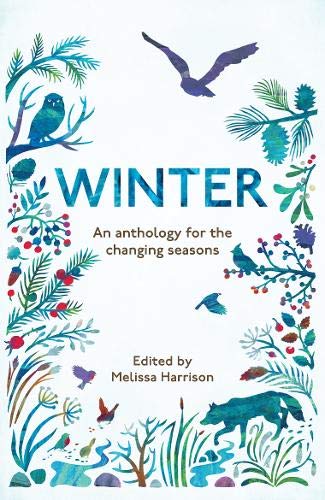 Book cover with winter birds, branches, and a fox in blue tones.