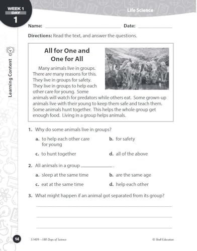 Third grade science workbook page with text, image of prairie dogs, and multiple-choice questions.