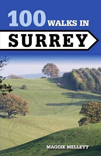 Book cover: "100 Walks in Surrey" with rolling hills landscape.