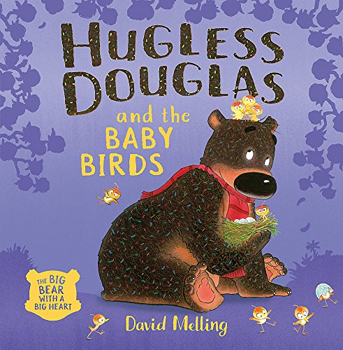 Brown bear Hugless Douglas with baby birds, book cover illustration.