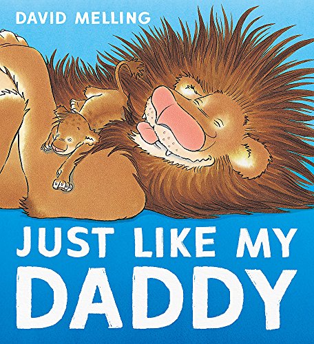 Children's book cover featuring a large lion and small cub cuddling on a blue background.