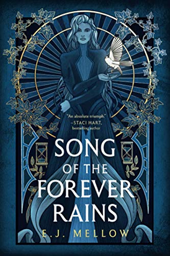 Book cover: woman with long hair and a white bird, ornate blue frame.