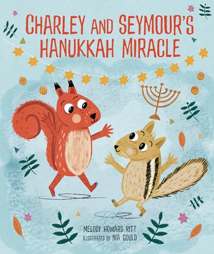 Book cover with two squirrels and a Hanukkah menorah illustration.