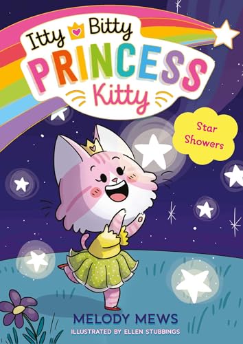 Pink cat with crown catching falling stars, book cover illustration.