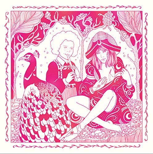 Pink illustration of figures with a peacock under a tree, vinyl record art.