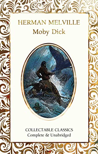 Book cover of Moby Dick by Herman Melville featuring a whaling scene in an oval.
