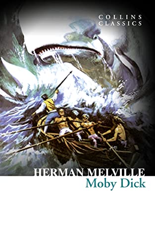 Book cover of Moby Dick, depicting a whale attacking a small boat.