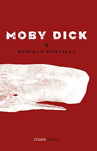 Red book cover with a white whale illustration and the title Moby Dick.