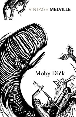 Black and white illustration of a whale attacking a boat on a book cover.