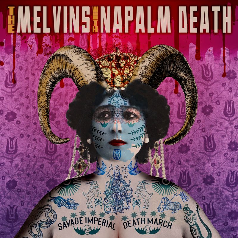 Album cover: horned face with ornate tattoos, purple and red background.