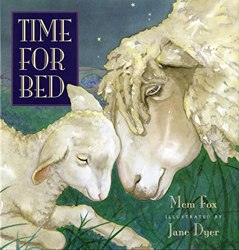 Book cover: mother and baby sheep, nighttime scene, "Time for Bed" title.