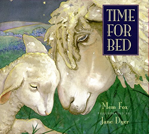 A watercolor illustration of a mother sheep nuzzling her lamb at night.