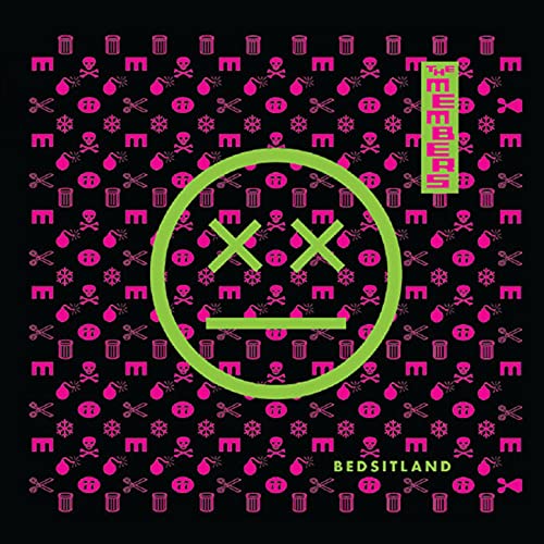 Black album cover with neon pink and green skull and crossbones pattern.