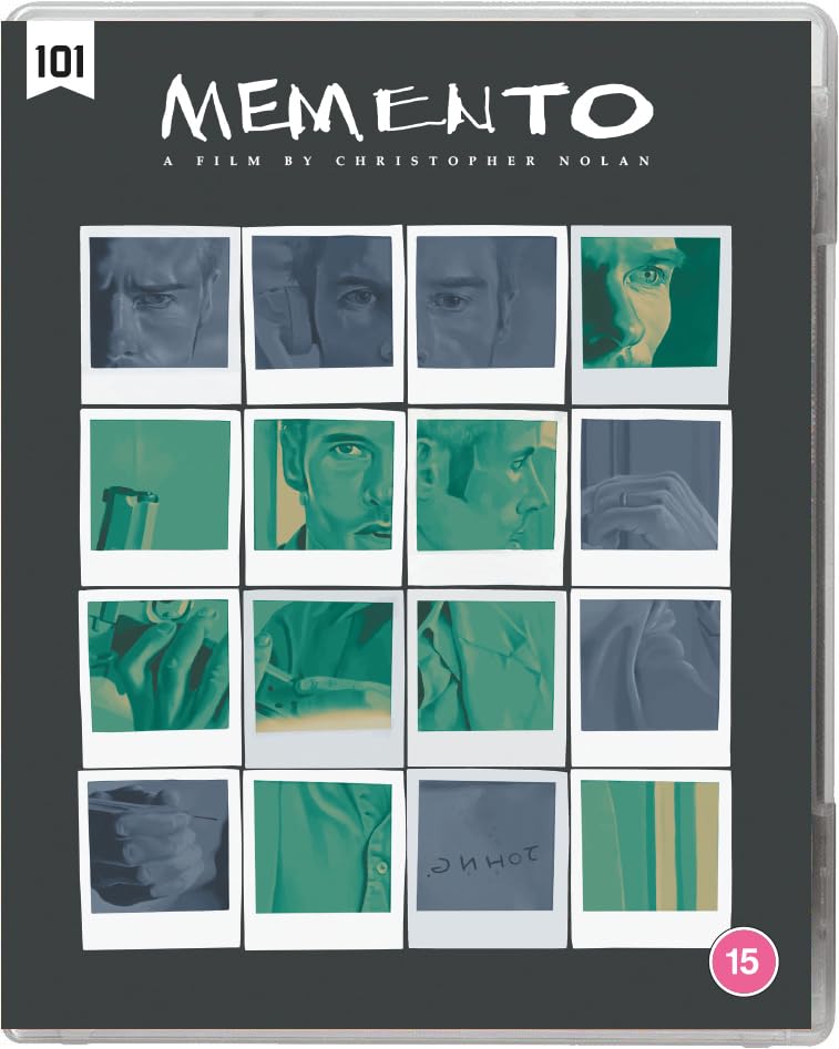 Memento" Blu-ray cover with a grid of Polaroid-style film stills.