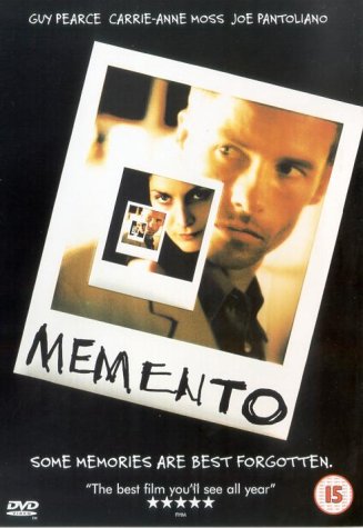Memento" DVD cover featuring Guy Pearce’s face and nested photographs.