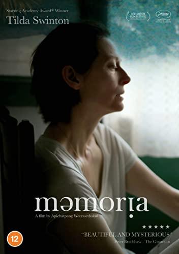 DVD cover for “Memoria” featuring Tilda Swinton in profile, looking upwards.
