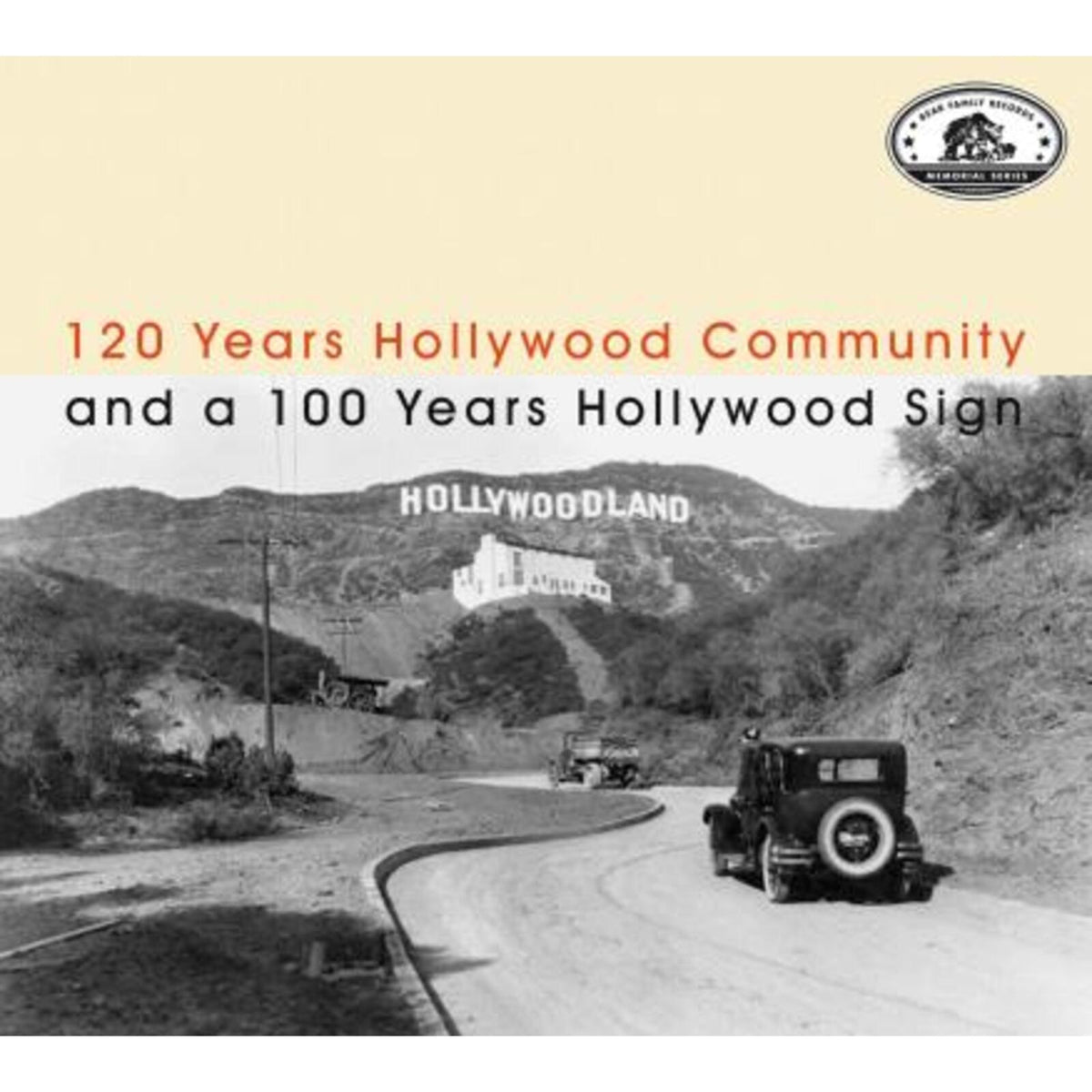 Vintage photo of the Hollywoodland sign and early cars on a winding road.
