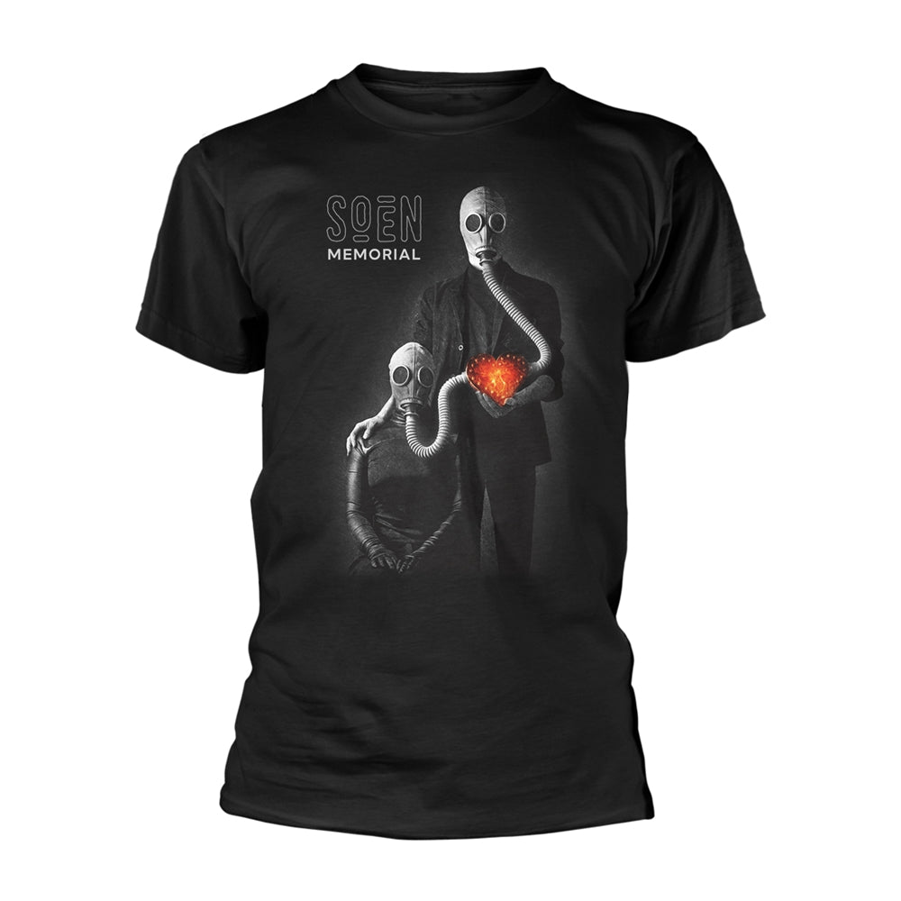 Black t-shirt with graphic of figures in gas masks and a heart.