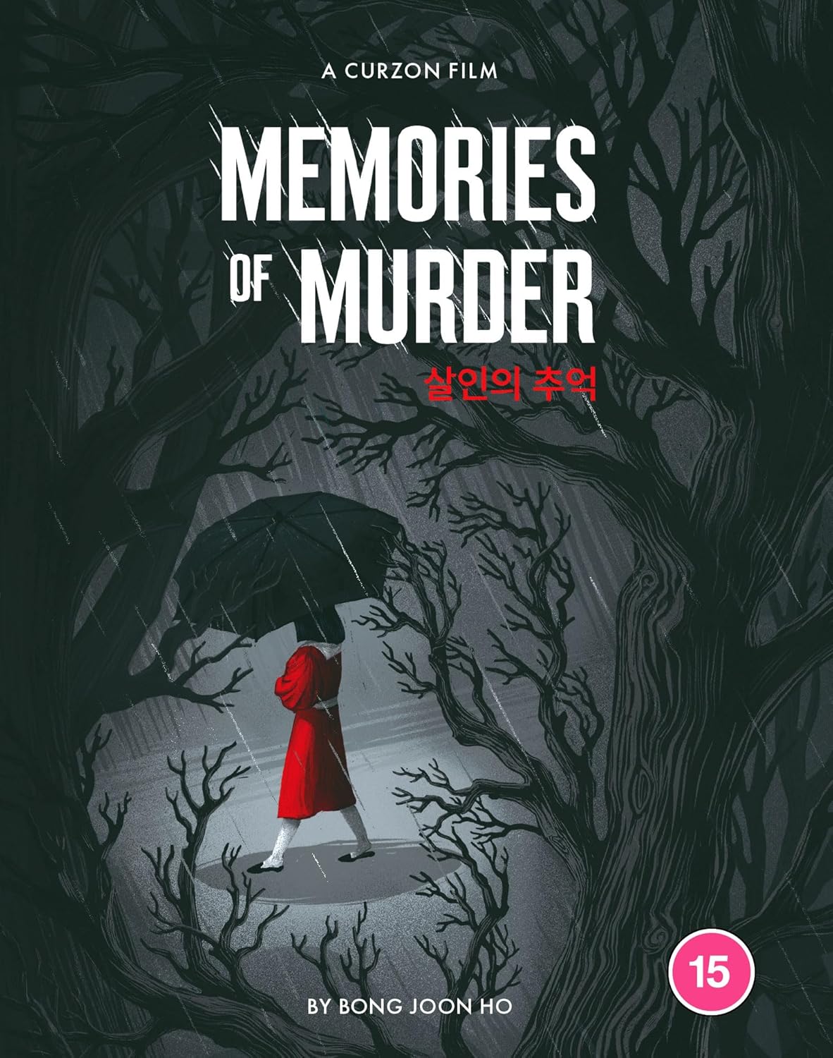 A person in a red coat holding an umbrella walks through a dark forest.