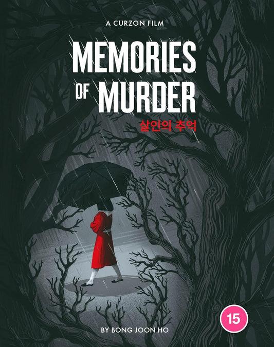 A person in a red coat holding an umbrella walks through a dark forest.