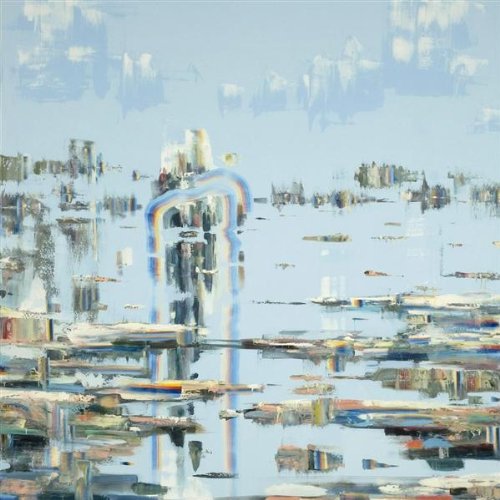Abstract painting of blurred, colorful shapes in pale blue tones.