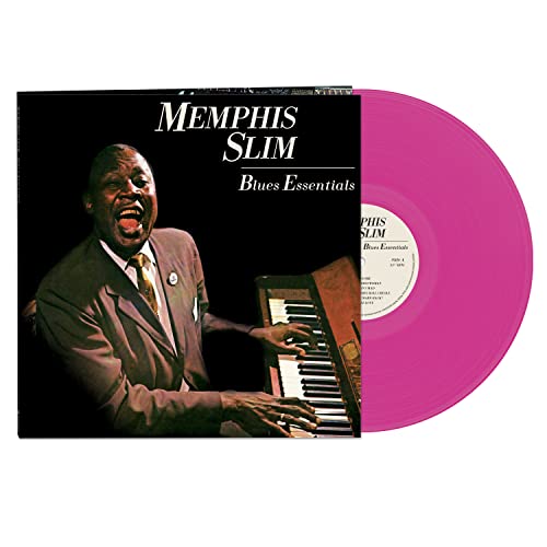 Memphis Slim album cover showing him playing piano next to a bright pink vinyl record.