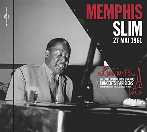 Memphis Slim performing at a piano, album cover for a 1961 Paris concert.