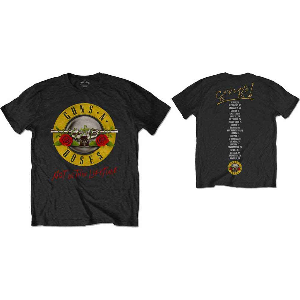 Black t-shirt with Guns N' Roses logo and tour text.