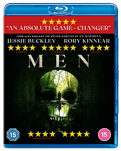Blu-ray cover for the film "Men" featuring a dark forest tunnel scene.