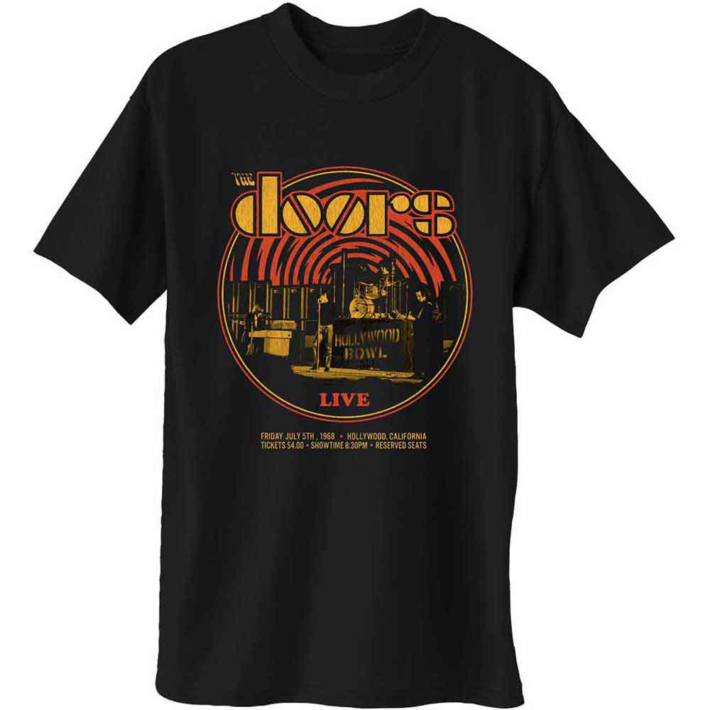 Black t-shirt with a circular graphic of The Doors performing live.